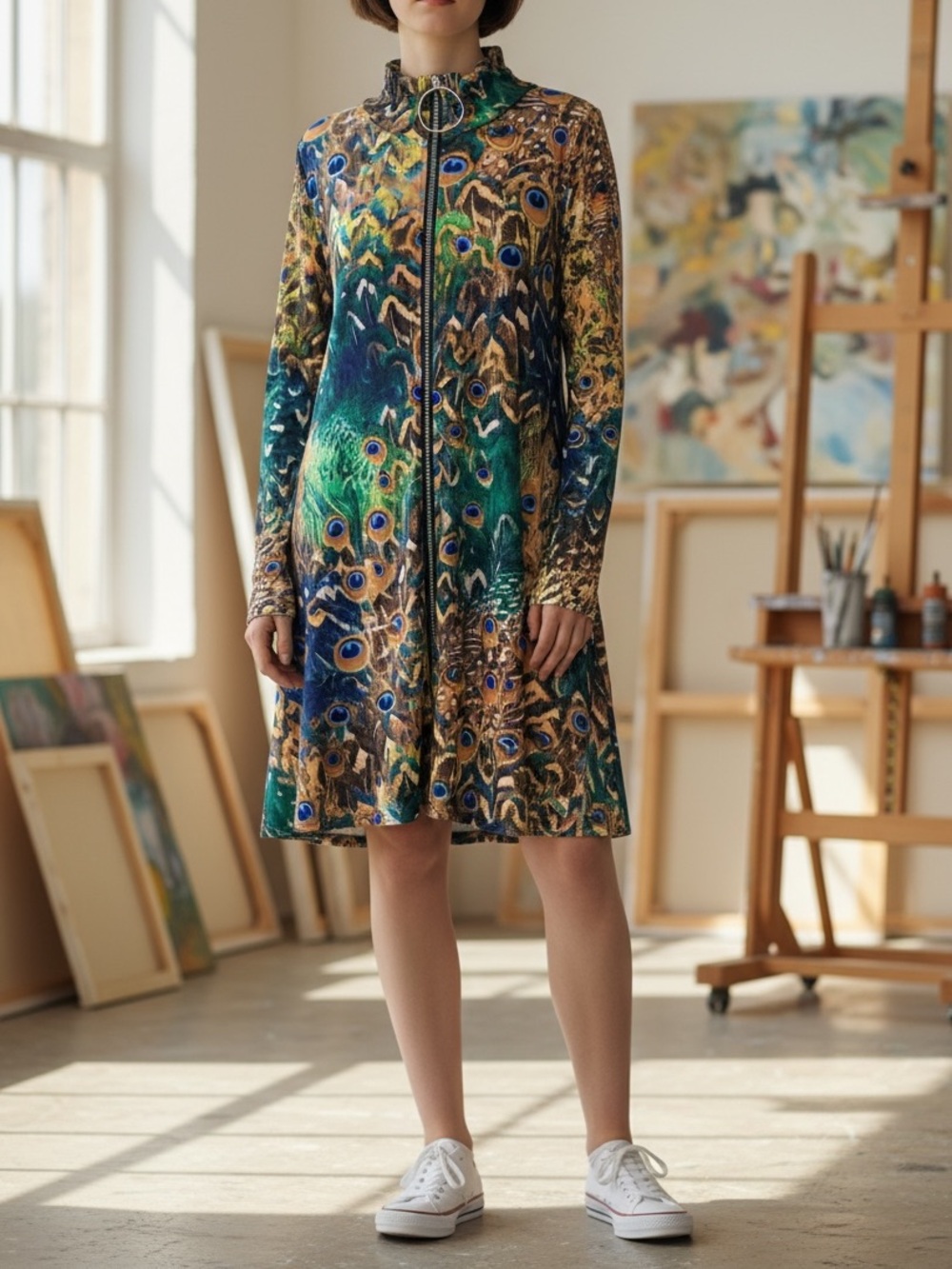 Sea & Anchor Peacock Print Zip-Front Tunic in Vibrant Blue, Green & Brown